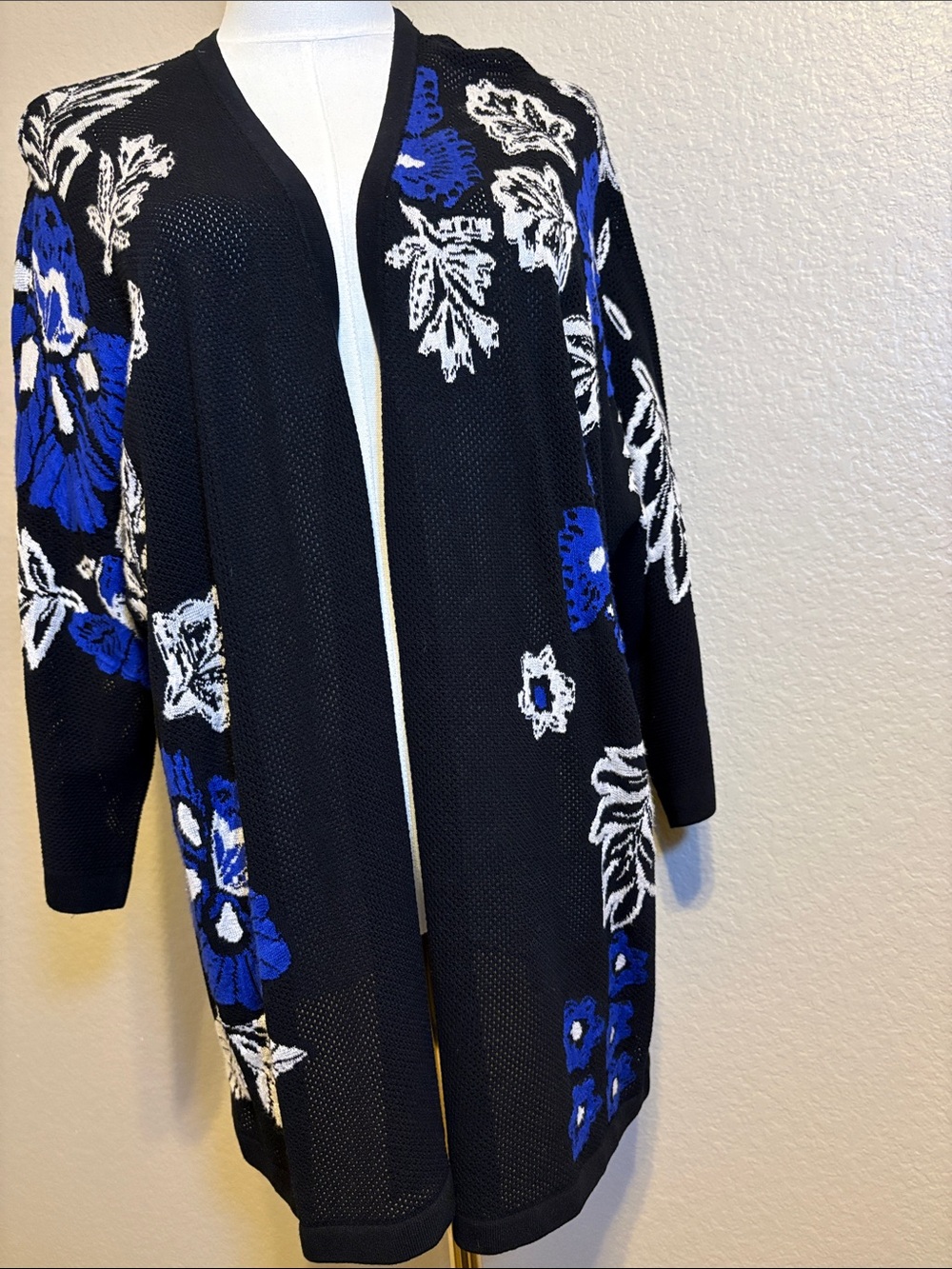 Chico's Black Cardigan with Blue & White Floral Jacquard